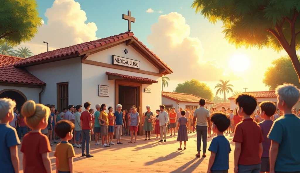 The village people gathering around Ramin's newly opened clinic, showing expressions of happiness and relief, knowing they no longer need to travel far for medical care."