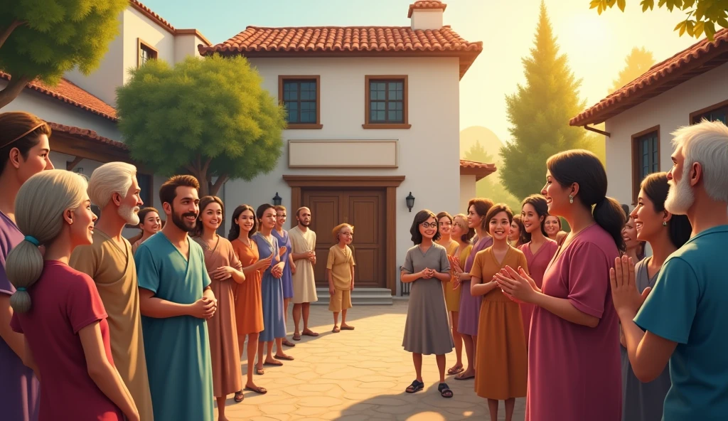 The village people gathering around Ramin's newly opened clinic, showing expressions of happiness and relief, knowing they no longer need to travel far for medical care."
