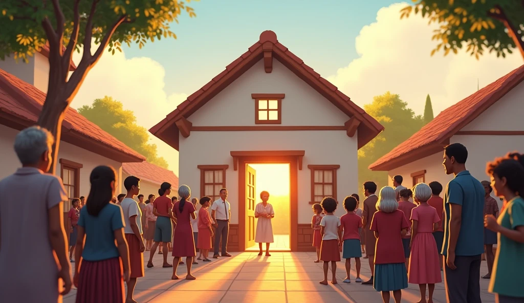 The village people gathering around Ramin's newly opened clinic, showing expressions of happiness and relief, knowing they no longer need to travel far for medical care."