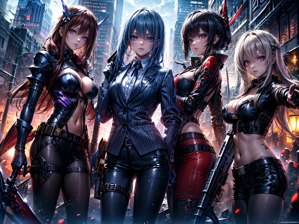 High resolution, Winner of numerous awards, Ultra high definition, Textured skin, Retina, 
masterpiece,(bestquality),highlydetailed,ultra-detailed,4girl, （Four gangster girls posing with weapons.:1.4）(gangsta paradise:1.2)（robot）(cybercitylandscape:1.2,natural lighting:1.5,confidentexpression),(Dramatic Angle:1.2),mecha, smile,angle、（Tuxedo suit、pantyhose、Leather short pants:1.2）(Point your weapon at me:1.6)