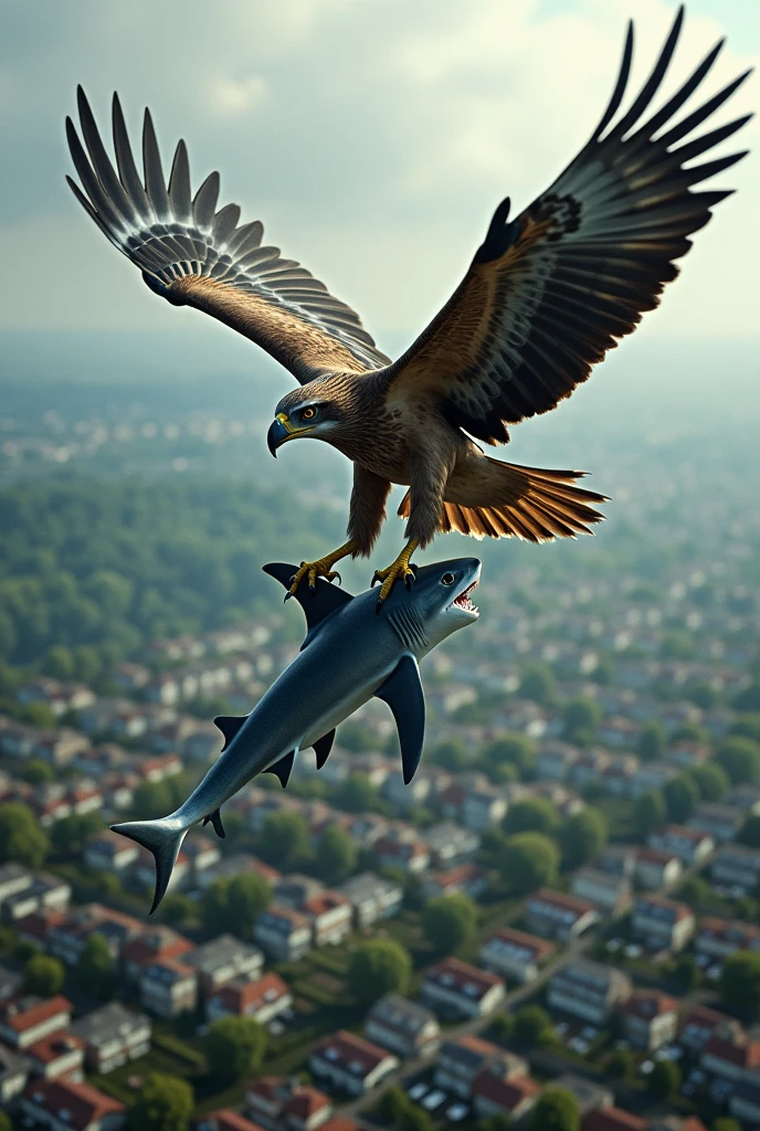 A picture of a bird of prey dropping a shark it has captured as prey over a residential area Sharks and birds of prey are smaller because they are higher up in the sky.