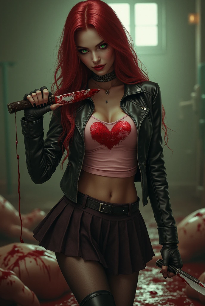 Seductive and Beautiful young woman with a soul of pure evil and hatred. Alluring green eyed, long red haired serial killer wearing a pink tank top with a bloody heart on it, a leather jacket, pleated skirt, tights, and combat boots. Surrounded by blood and bodies. She cuts the throat of a teenage girl viciously, A bloody knife in her right hand. A sinister smile crosses her glossy red lips.