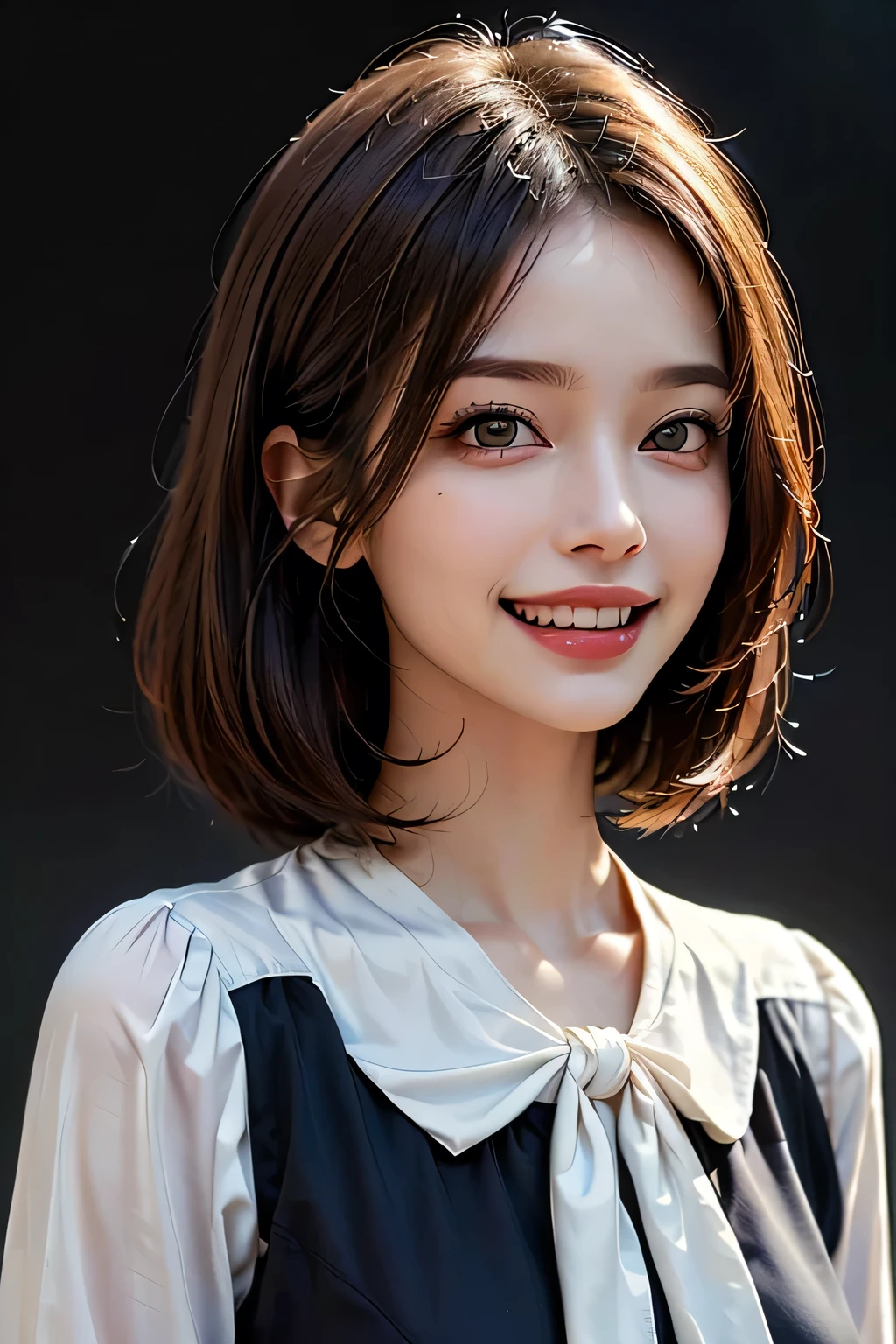 ((masterpiece)), ((Highest quality)), ((Complex)), ((Surreal)), (Realistic), (Mature Woman), ((No classes)), Very detailed, (1 female), Beautiful and exquisite, (Beautiful Teeth), Grin, Brunette bob hair, Brown eyes, ((blouse)), (Upper Body), ((background:none)), Perfect Eyes, Captivating eyes, Looking at the audience