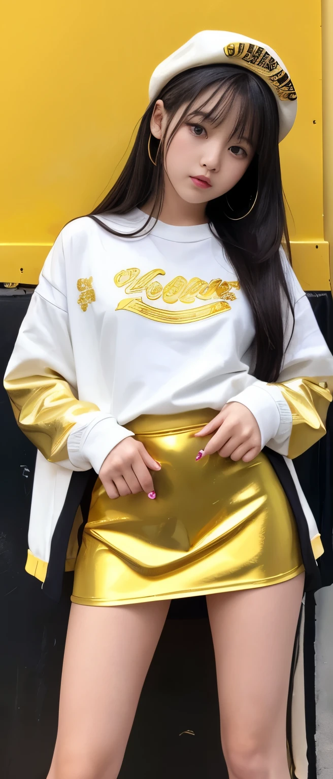 Gold paint covered idol girl、whole body、Good style、、、、、、、、、、Thick legs、、、White uniform covered in gold paint、Cool girl face、、、、Glowing Gold Slime Cable、Gold graffiti art、Black Long Hair