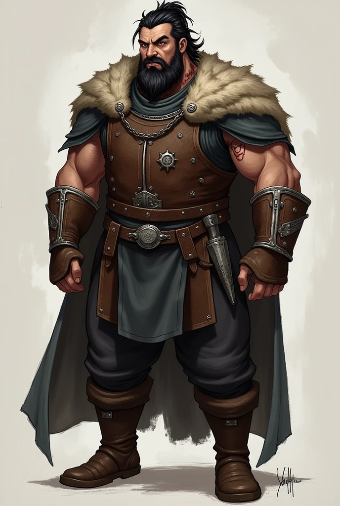 Dyland is a tall, robust man of around 2, with a muscular body due to his work as a blacksmith and his combat training. He has dark hair, almost black, that reaches up to his shoulders, usually messy or pulled back into a ponytail. His face is serious, with a strong jaw, intense dark brown eyes, and a short, unkempt beard. His skin is clear, although weathered and scarred. He wears dark, practical clothing made of wool and leather., with a reinforced leather breastplate and a thick wool cloak over his shoulders. He carries a simple but well-forged sword and several tools on his belt..