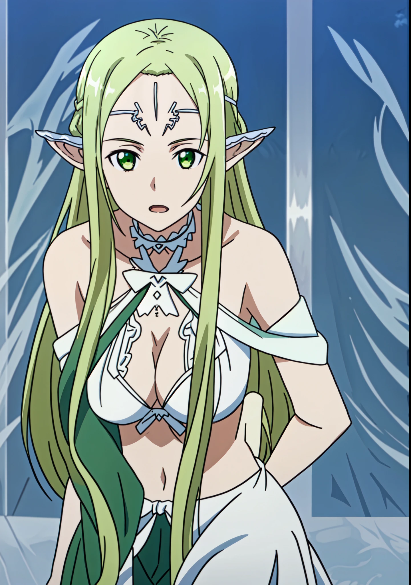Masterpiece, beat quality, ((anime art style)), elf Girl, light green hair, pointed ears, jade eye, (NPC_freyja), big breast, ((sky)), white bikini with gold details, His disguise had long flowing, deep brown-gold/tea-gold hair and pupils of the same colour, beach_background. The disguise also had a beautiful face that was sublimed with western European beauty, and she wore a black swimsuit school, large breast, sea background, sky sin, swimsuit school