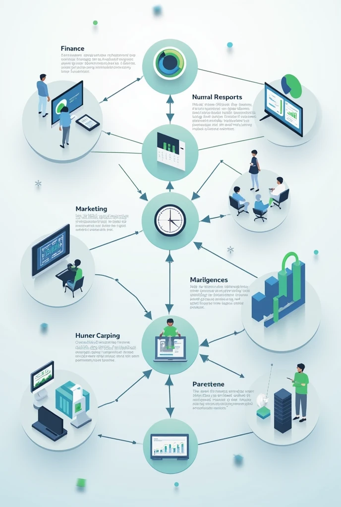 A simple timeline or diagram showing the integration of finance with other areas of the business (Operations, Marketing, RH).