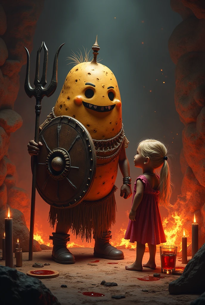 Create an image of a war scene of a small potato macumba warrior holding in one hand the shield of Exu&#39;s trident and in the other hand the Trident of Exu. And the colors of red and black and a little palm oil and black candles. And a glass of cachaça.  2- In the image there is a sixth with a little blonde child. 3- This potato is fighting  (pointing the trindet) with a girl dressed as a pombogira for the child&#39;s dispute 