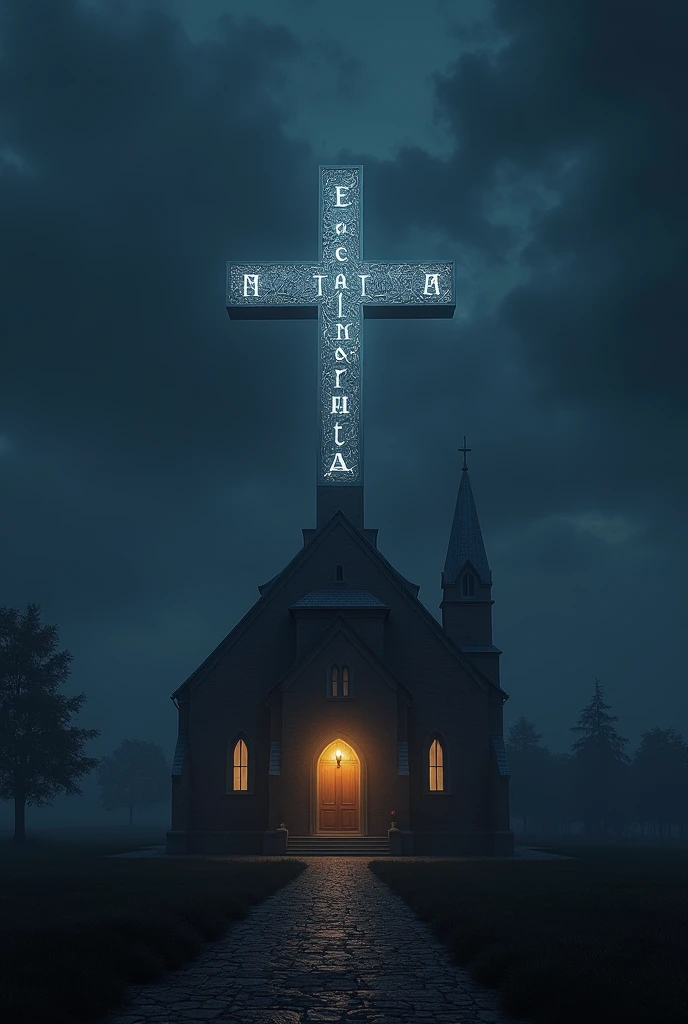 A very dark night with a church in lights featuring a large silver cross, containing the letters “EPE RATOMA“ and at the bottom there is a text “ENGAGED YOUTH”.