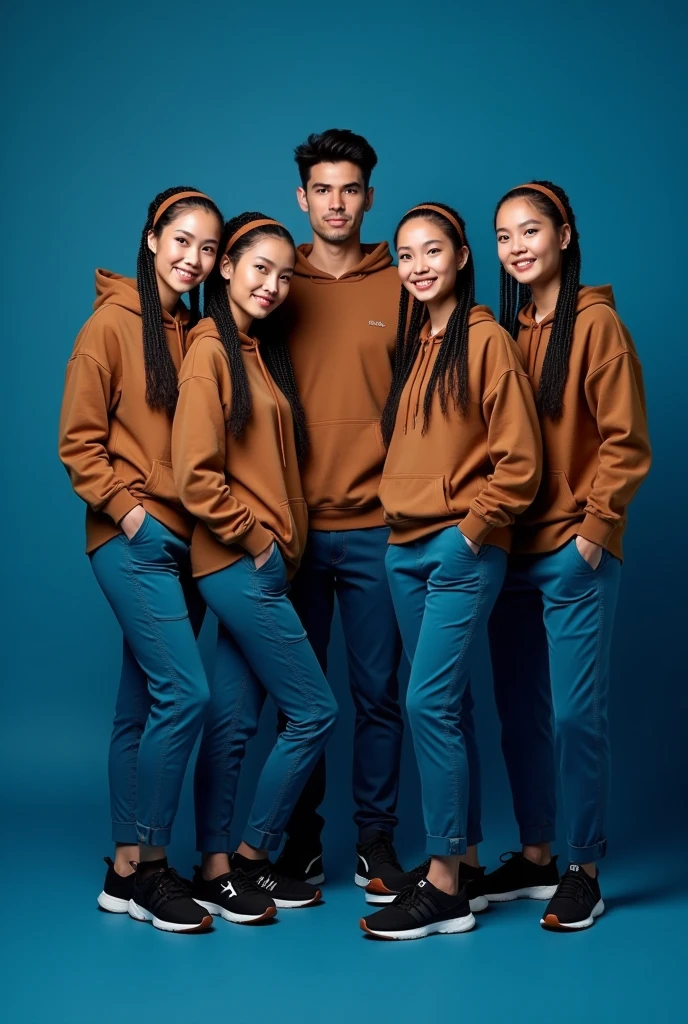 Create a four 2 full body beautiful Thai women's smiling wearing a brown hoodie and blue cargo pants with brown headband and black beautiful adidas shoes, black long braids hairstyles and also 1 handsome man wearing a brown hoodie and blue cargo pants black beautiful shoes standing dark blue background and has written " fhyrrah editing team admins " looking at the camera. Photography