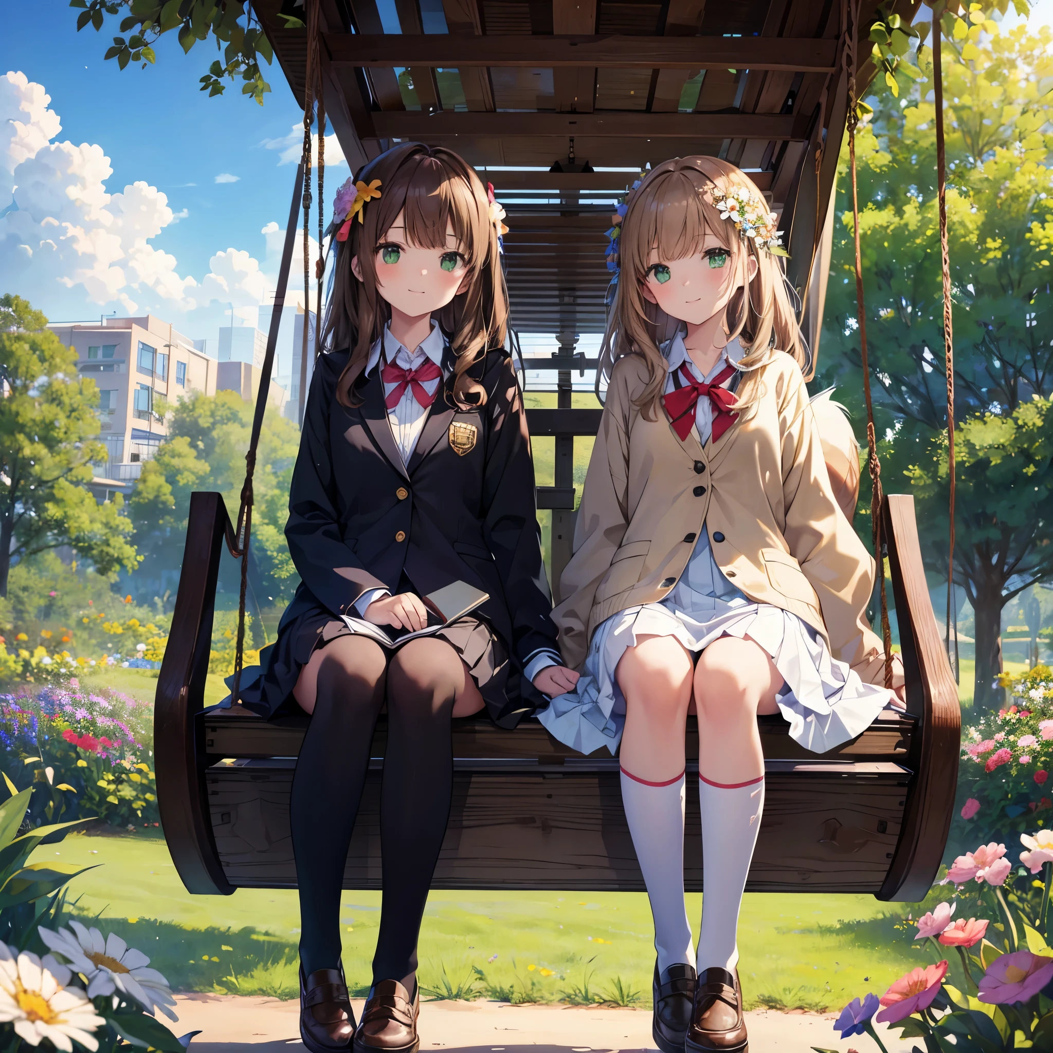 Two girls sitting on a swing with flowers in their hair Masterpiece, Highest quality, High resolution), 1 girl, alone, Oversized fox tail，Long brown hair，Green Eyes，Small flower head dress, ( Middle school students)，Modern architecture，Mature Woman，at the park_Sitting on a swing，Afternoon after school，Summer School Uniforms，smile，Mid-distance face-to-face view，