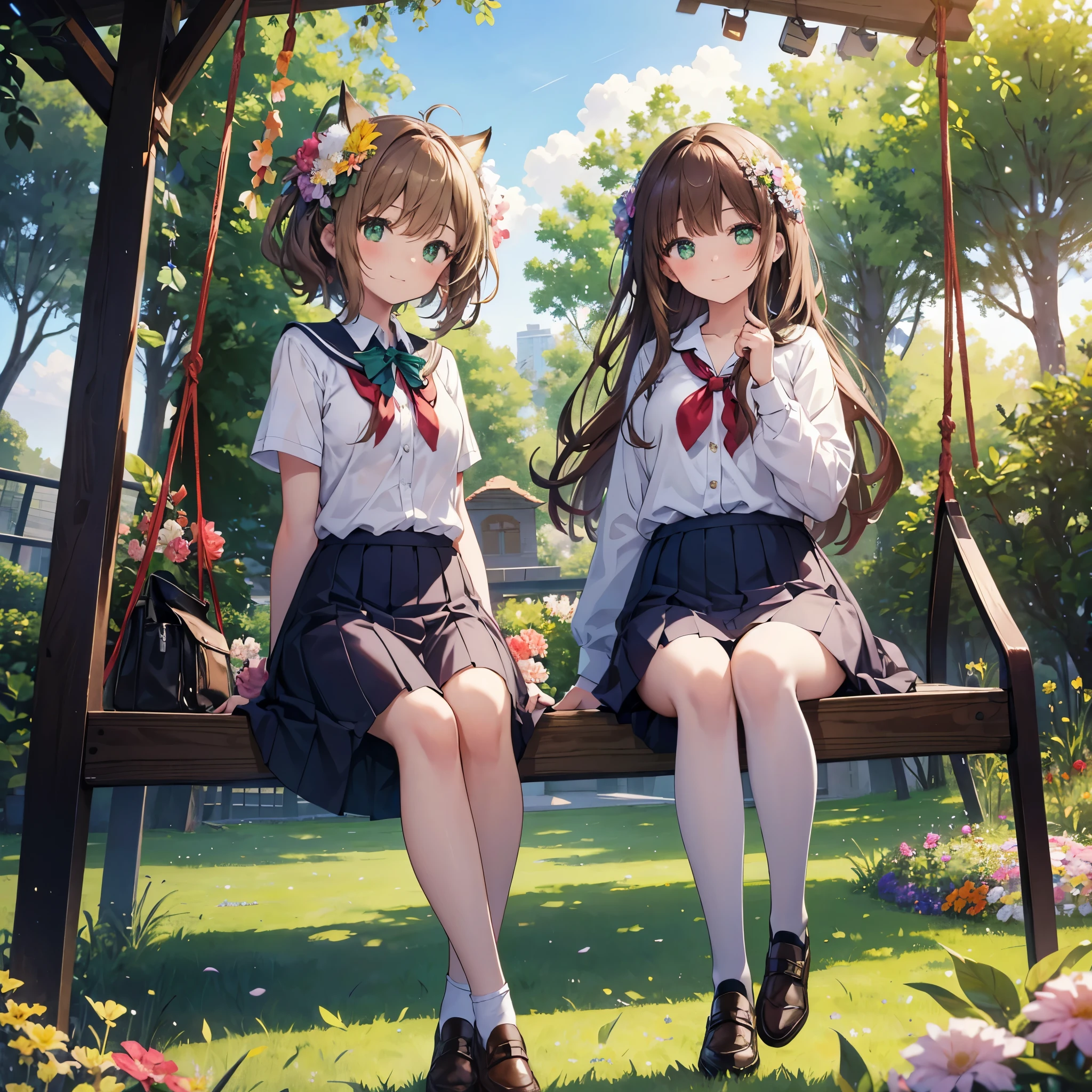 Two girls sitting on a swing with flowers in their hair Masterpiece, Highest quality, High resolution), 1 girl, alone, Oversized fox tail,Long brown hair,Green Eyes,Small flower head dress, ( Middle school students),Modern architecture,Mature Woman,at the park_Sitting on a swing,Afternoon after school,Summer School Uniforms,smile,Mid-distance face-to-face view,
