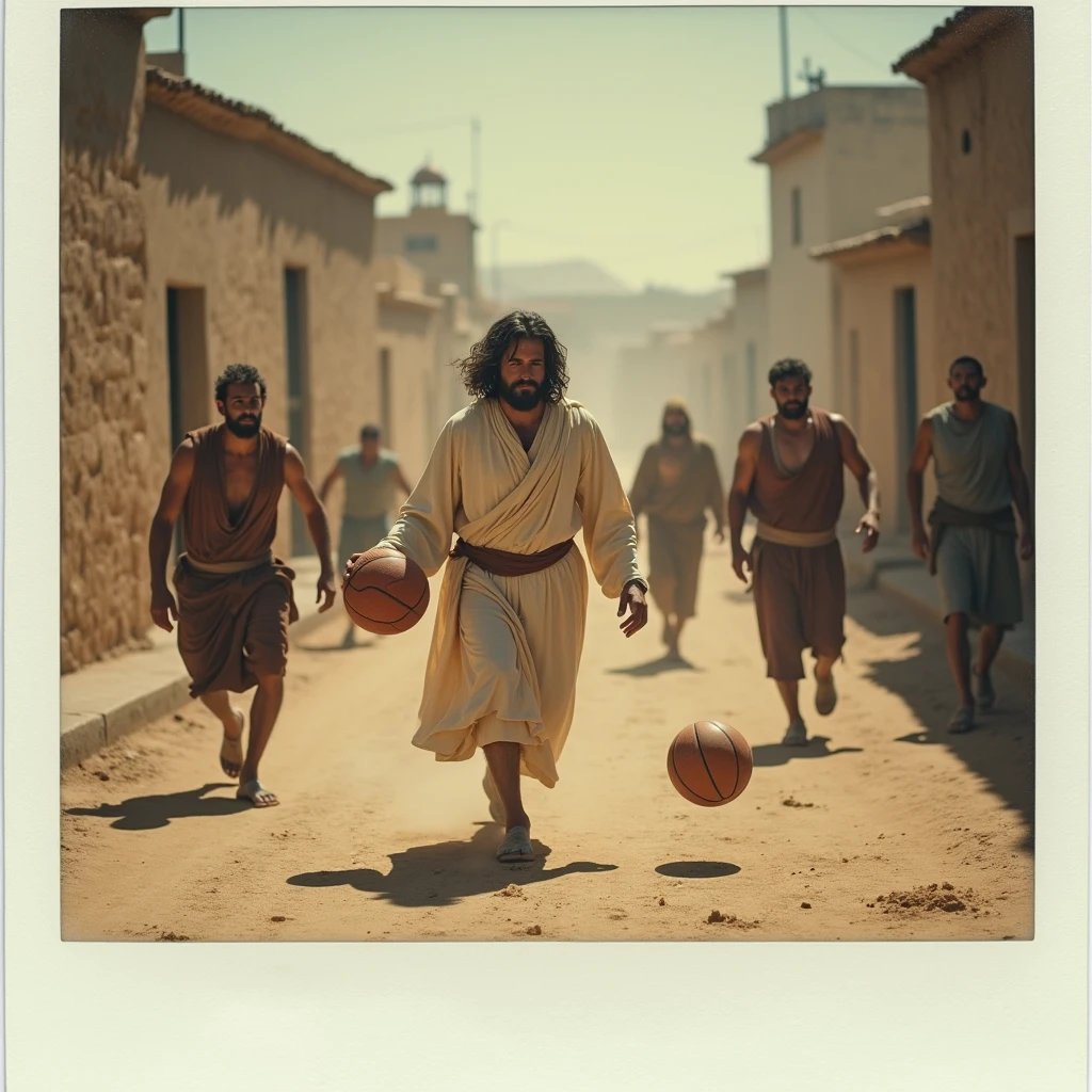realistic polaroid photo of jesus and his disciples playing basketball in a dusty village street
