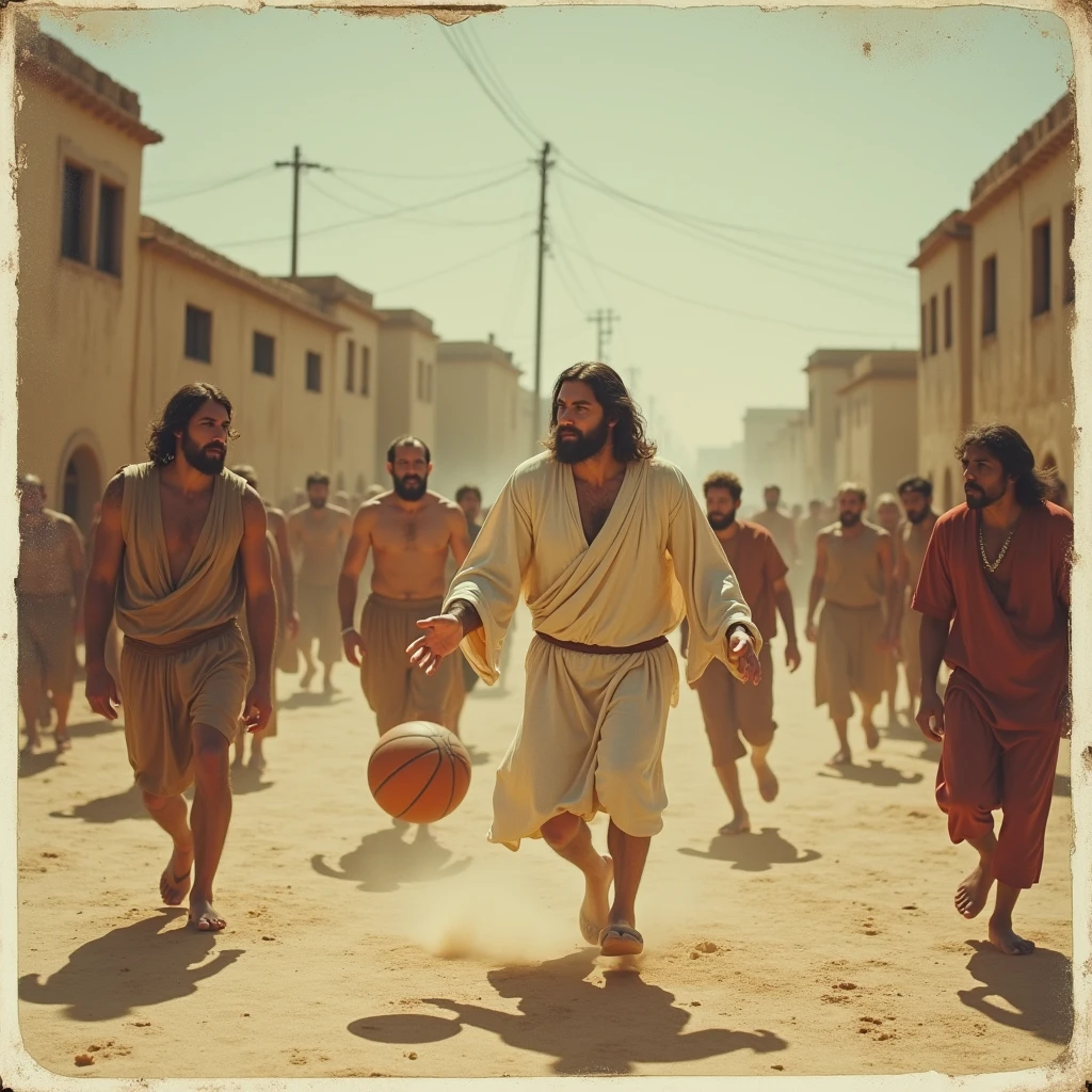 realistic polaroid photo of jesus and his disciples playing basketball in a dusty village street