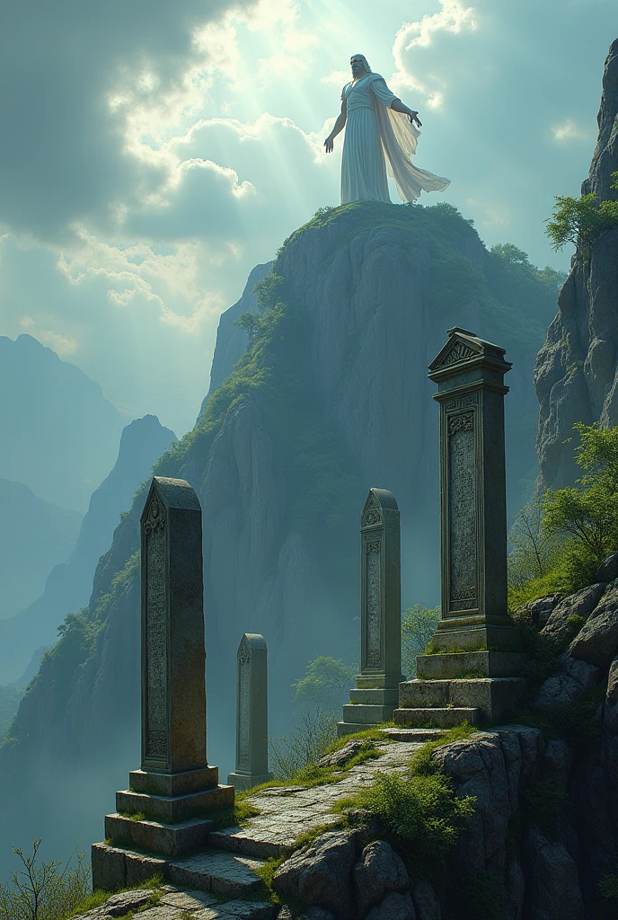 Three grave yard on top of a mountain while zeus is looking from the sky