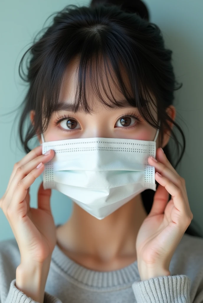 cute masked japanese girl with bang hair is putting on surgical mask for camera, front facing. Photo realism