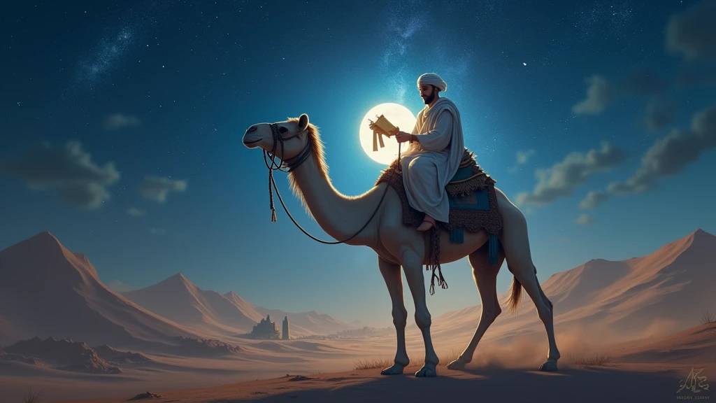 featuring the Imam in a traditional robe, riding a majestic white camel under a starlit sky. The Imam's face is illuminated by the moonlight, with ancient scrolls visible in his hand, hinting at secrets of the past. Sand dunes stretch into the distance, with a distant silhouette of an ancient city.