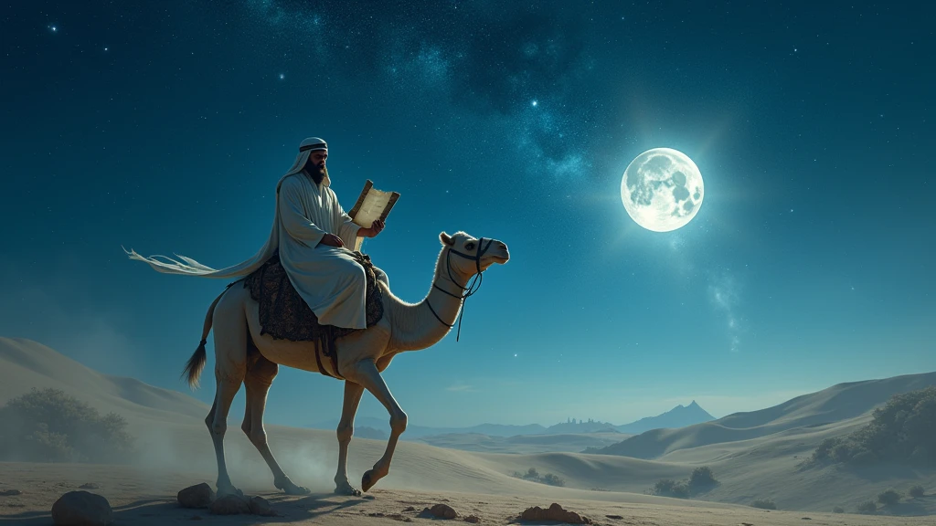 featuring the Imam in a traditional robe, riding a majestic white camel under a starlit sky. The Imam's face is illuminated by the moonlight, with ancient scrolls visible in his hand, hinting at secrets of the past. Sand dunes stretch into the distance, with a distant silhouette of an ancient city. 