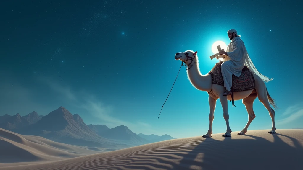 featuring the Imam in a traditional robe, riding a majestic white camel under a starlit sky. The Imam's face is illuminated by the moonlight, with ancient scrolls visible in his hand, hinting at secrets of the past. Sand dunes stretch into the distance, with a distant silhouette of an ancient city.