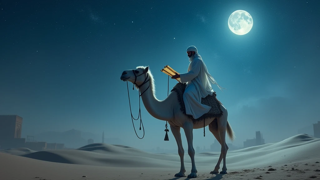 featuring the Imam in a traditional robe, riding a majestic white camel under a starlit sky. The Imam's face is illuminated by the moonlight, with ancient scrolls visible in his hand, hinting at secrets of the past. Sand dunes stretch into the distance, with a distant silhouette of an ancient city. 