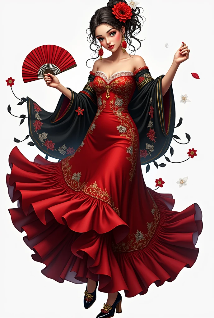 Create an image of a female character inspired by Spanish flamenco dancing, dressed in an elegant flamenco dress. Character should be depicted as romaní beaytiful woman. Their eyes should be large and pearl gray.., with an enigmatic glow. Hair, long and wavy, It should be collected in a low bun decorated with red and white flowers... The flamenco dress should be deep red with curly ruffles that add movement when dancing... The bodice of the dress should be decorated with gold embroidery imitating intricate patterns.., with white details evoking ancient masks. Includes a black shawl with red and silver embroidery, with small details in the form of leaves. Earrings should be large and fan-shaped with red details.., y los zapatos deben ser de charol negro con tacones de madera y bordados dorados Character must hold a red fan with gold details that reveal a striped pattern, and wear a red flower in your hair. Character'Your posture and attitude should be elegant and determined.., that reflects a combination of strength and beauty