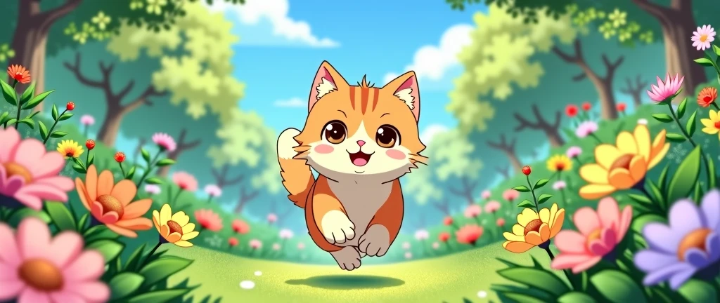 Anime ,masterpiece,best quality, Kawaii A cat is running around happily in a flower garden., Studio Ghibli Inspired
