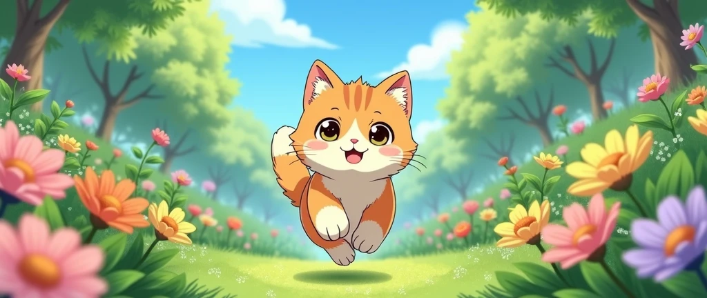 Anime ,masterpiece,best quality, Kawaii A cat is running around happily in a flower garden., Studio Ghibli Inspired