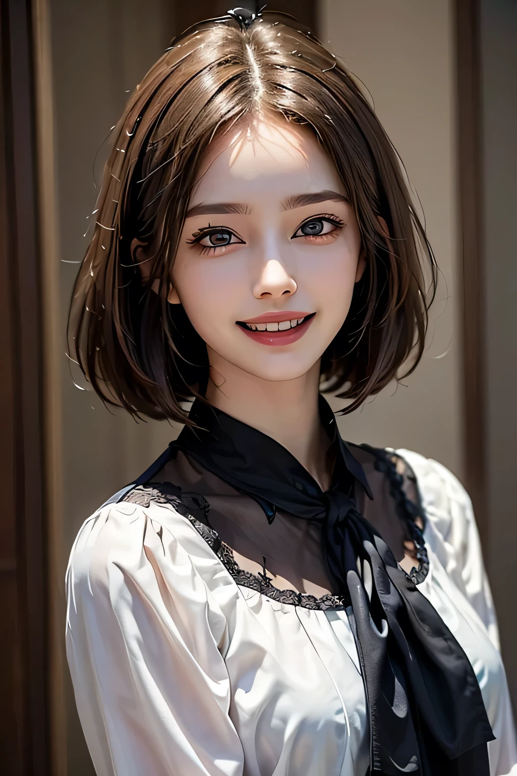 ((masterpiece)), ((Highest quality)), ((Complex)), ((Surreal)), (Realistic), (Mature Woman), ((No classes)), Very detailed, (1 female), Beautiful and exquisite, (Beautiful Teeth), Grin, Brunette bob hair, Brown eyes, ((blouse)), (Upper Body), ((background:none)), Perfect Eyes, Captivating eyes, Looking at the audience