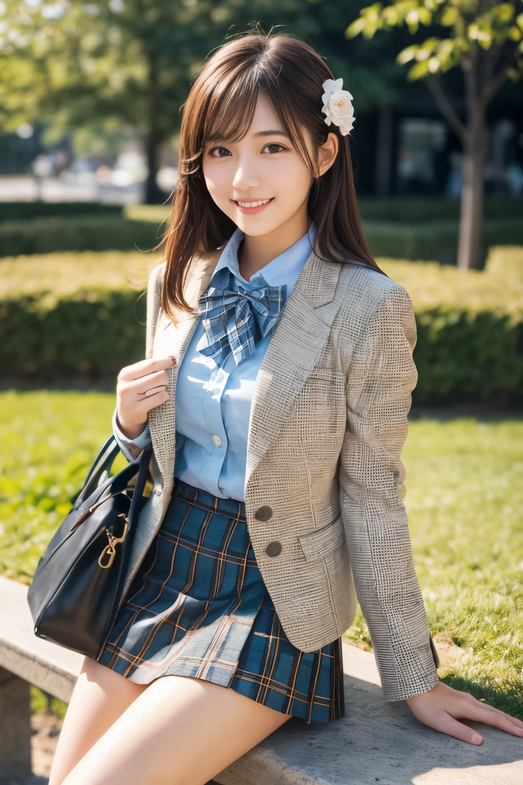 ung girl,very cute and beautiful japanese teenress,highly detailed beautiful face,smile,happy, blazer beige jacket,collared shirt,plaid bowtie BREAK detailed legs,zettai ryouiki,brown shoulder bag, sitting on park bench,dynamic angle,hair ornament,black hair,(blue plaid mini skirt), flower garden,grassland,solo,real person,photorealistic,8k,raw photo,
