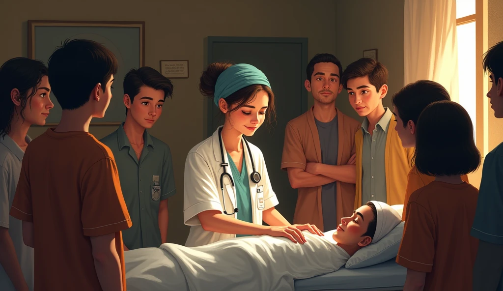 "Ramin, now a respected doctor in her village, humbly treating a patient in her clinic, surrounded by the grateful faces of villagers whose lives she has touched."
