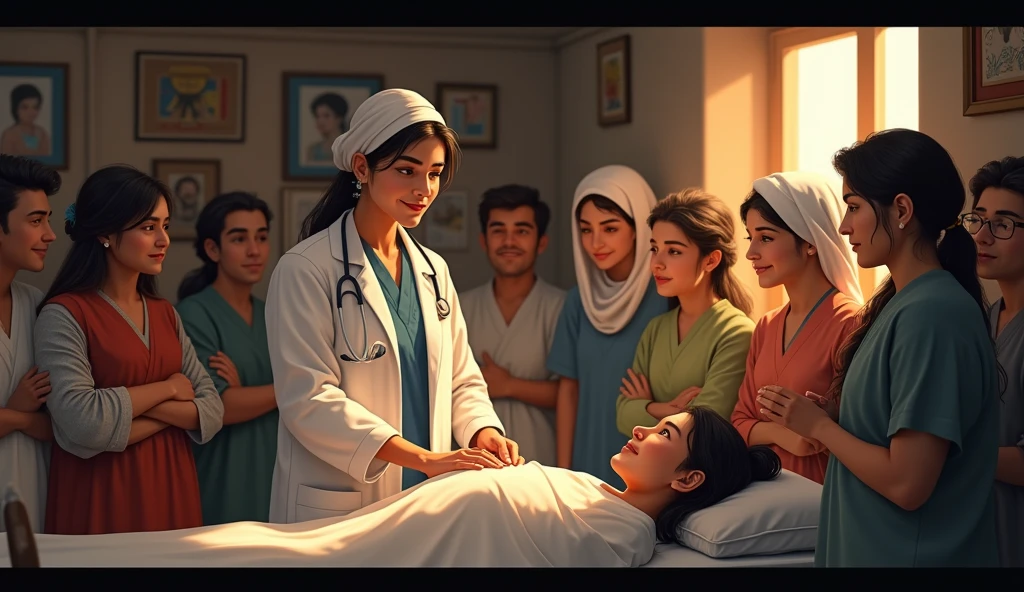 "Ramin, now a respected doctor in her village, humbly treating a patient in her clinic, surrounded by the grateful faces of villagers whose lives she has touched."