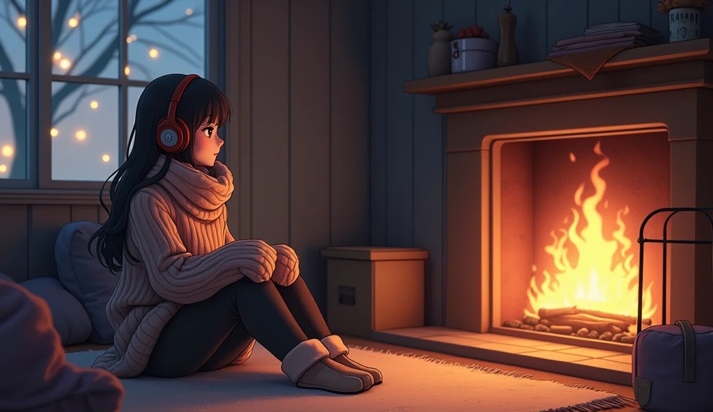 Perfect image, 8k、winter、high school girl、sweater、Long trousers、Using headphones、fireplace、 2D-style animation, Lo-Fi、Retro、Emotional、Anime style illustrations