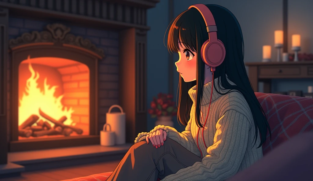 Perfect image, 8k、winter、high school girl、sweater、Long trousers、Using headphones、fireplace、 2D-style animation, Lo-Fi、Retro、Emotional、Anime style illustrations