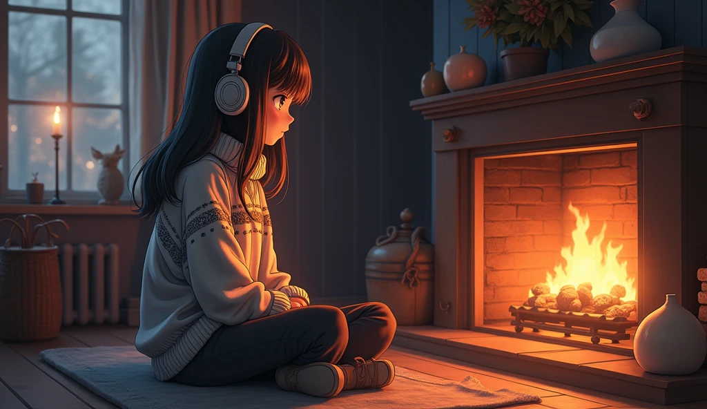 Perfect image, 8k、winter、high school girl、sweater、Long trousers、Using headphones、fireplace、 2D-style animation, Lo-Fi、Retro、Emotional、Anime style illustrations