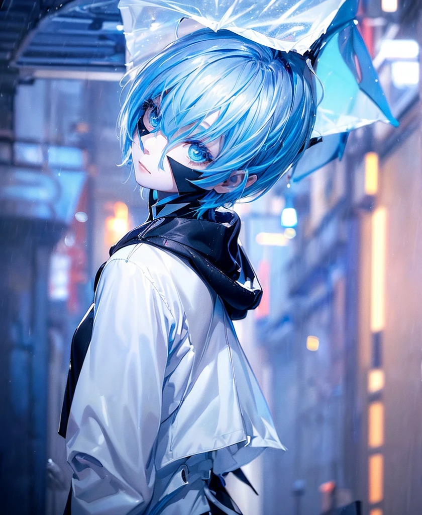 ((4K Works))、masterpiece、(Highest quality)、One beautiful girl、The body is slim、expensive、((Black Y-shirt and white pants、Charming street style))、Please put on a jacket.、Wearing a hood to hide his face、(Beautiful eyes in every detail)、Morning City、((Rainy Town))、Fashionable city with morning rain、During a walk、((Face similar to Carly Rae Jepsen))、((short-haired gray hair))、((Makes your face smaller))、((Neutral face))、((Bright Blue Eyes))、((American adult women))、((Adult female, 2))、((Cool woman))、((Like a celebrity))、((A lonely look))、((Korean Makeup))、((elongated and sharp eyes))、((Happy Date))、((boyish))、((Upper body photo shoot))、Professional photos、((Model Photo))、((Shot alone))、((She is under the roof))、((Look up at the sky))、((Shooting from behind))、((She is looking upwards))、((Her eyes are looking up))、((Increase the angle of the face))、((She is walking in front of the viewer))