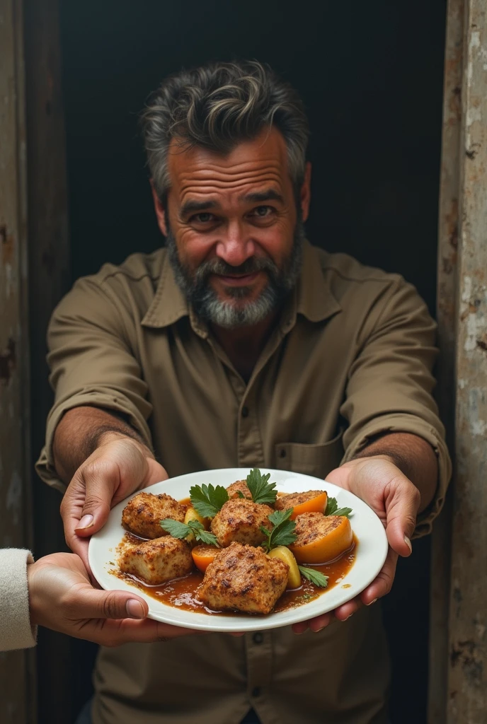 shows a woman's hand that gives a plate of meals to a hungry man