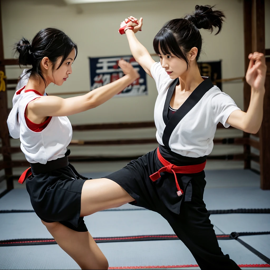 "Action image of a Japanese female martial arts instructor in her 30s,slight asymmetry, heart-shaped face, intense almond eyes showing focus, high cheekbones, small nose, determined expression, sleek black hair in a tight bun, athletic build in a black gi with red belt, mid-kick demonstration,Slightly tousled hair"
