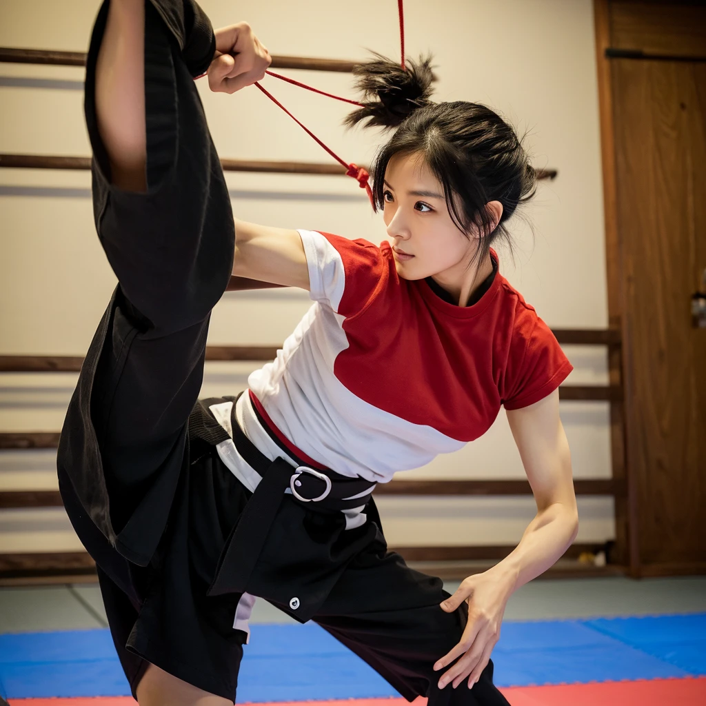 "Action image of a Japanese female martial arts instructor in her 30s,slight asymmetry, heart-shaped face, intense almond eyes showing focus, high cheekbones, small nose, determined expression, sleek black hair in a tight bun, athletic build in a black gi with red belt, mid-kick demonstration,Slightly tousled hair"