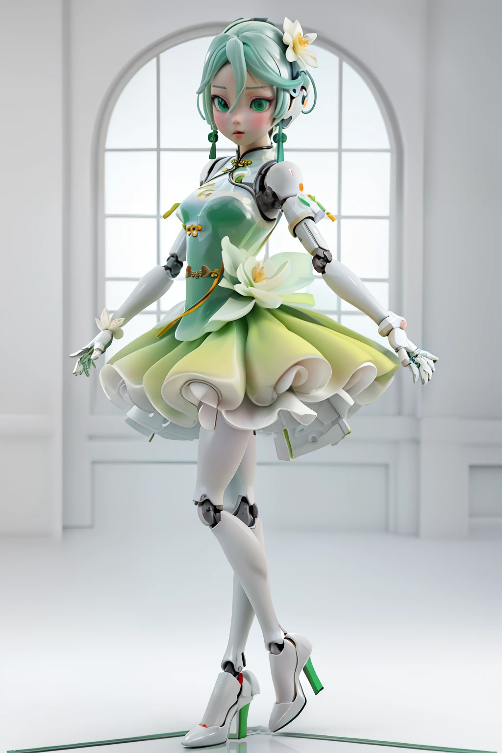 (Blind Box Spielzeug Stil:1.2),full body, solo,white background,(A female robot in a transparent green and white gradients jasmine
flower dress, wearing gloves and high heels),(Chinese color,Very colorful), 3D