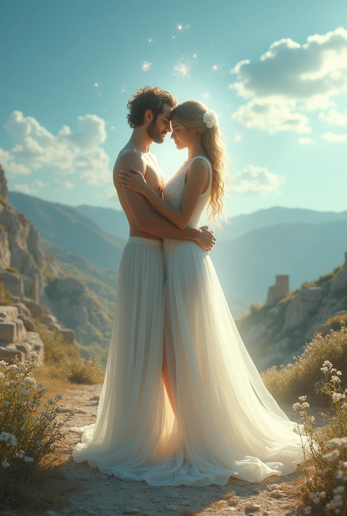 A beautiful image in a Greek setting of two divine creatures (a man and a woman) loving and adoring each other, in the name of the eternal love of sacred Tantric culture.