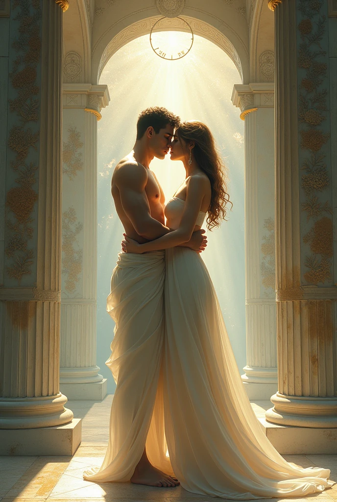 A beautiful image in a Greek and mystical esoteric setting of two divine creatures (a man and a woman) loving and adoring each other, in the name of the eternal love of the sacred tantric culture.