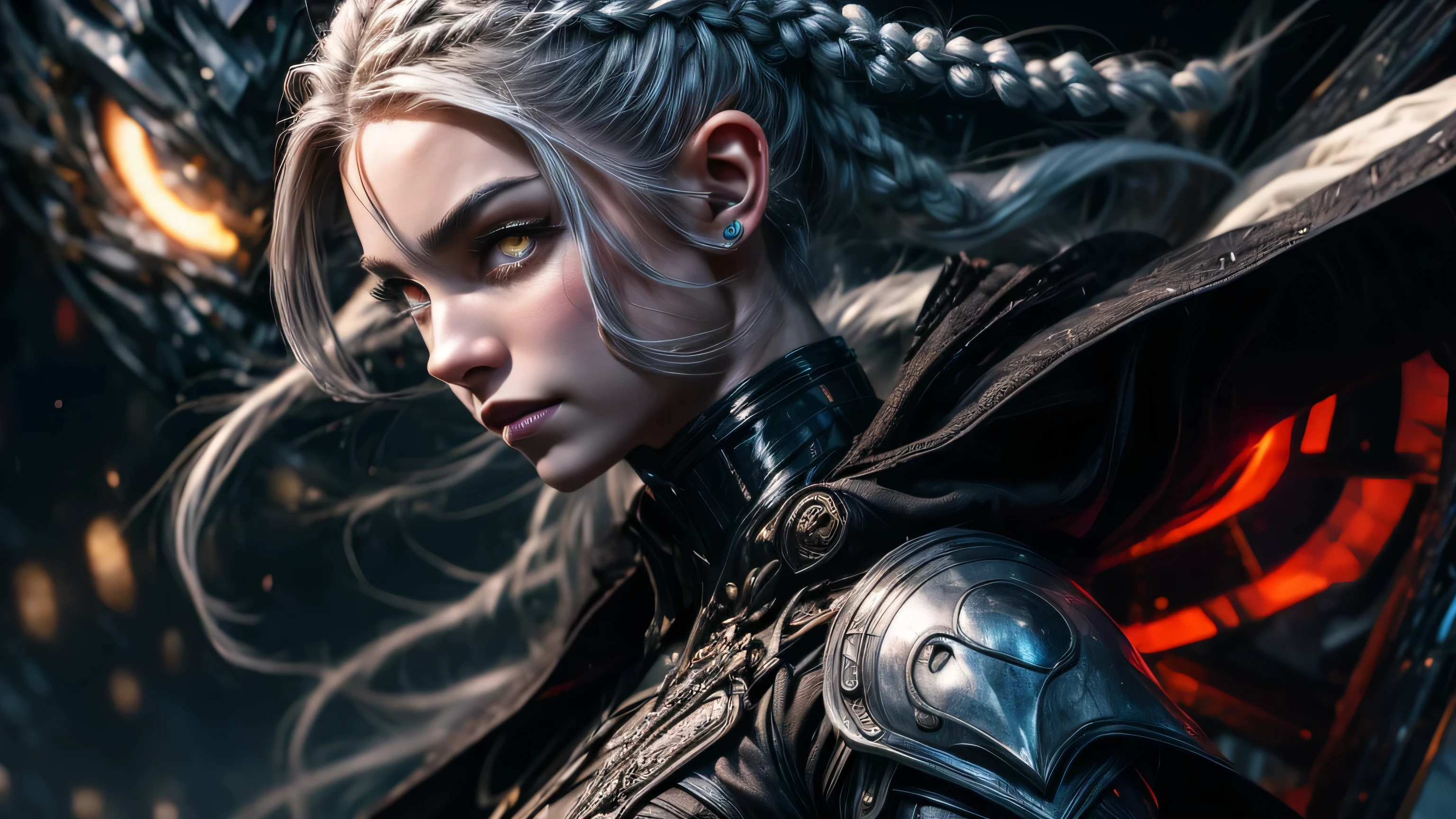 World of warcraft, drainei female, paladine, full armor, full body, slender, lean with defined muscles, 21years, wearing fancy leather clothes, pale white skin, silver hair, braided ponytail, (perfect ears), hair behind ear, long hair, very long hair, undercut, mismatched sclera, half-closed eyes, glaring, longeyelashes, solid circle eyes, amber eyes, pointy ears, evil smile, seductive smile, fantasy art, Realism, Op art, Cubist Futurism, optical illusion, backlighting, cinematic lighting, depth of field, gray flat solid background, front view, first-person view, Eye-Level Shot, f/1.8, 135mm, Fujifilm, Sony FE GM, masterpiece, anatomically correct, super detail, textured skin, UHD, studio photo.
