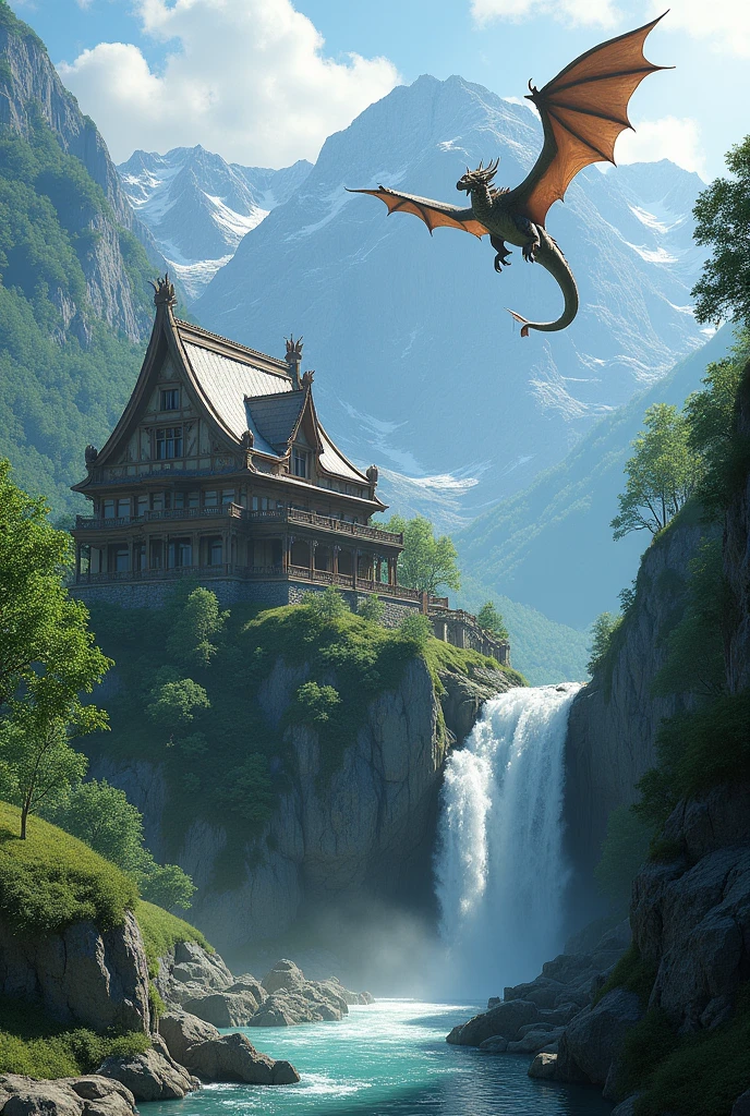 Create a image of  beautiful scenery of  a house in mountain and waterfall is side of it and dragon are flying above the house

