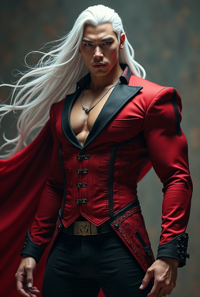 Asian man with long white hair and no beard, wide back, well-built, tall dressed in a red and black corset and a body-hugging dress suit. 