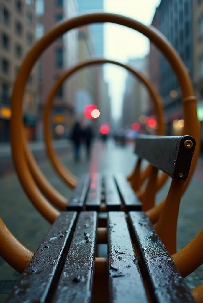 Create a white-and-gold photograph with a unique perspective. The image should focus on a park bench captured from a low angle, looking through a series of circular metal rings that line the sides of the bench. The rings should form a tunnel-like effect, leading the viewer's eye toward a vanishing point in the distance. The bench should appear slightly wet, as if it had recently rained, with city buildings and a street visible in the blurred background. The overall mood should be atmospheric and contemplative, highlighting urban solitude