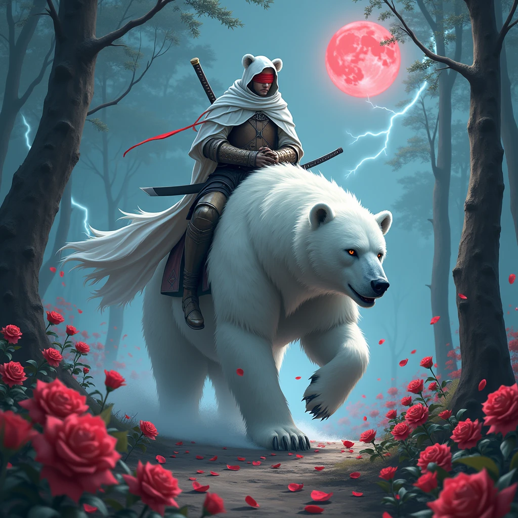 Godlike, in it a male knight with a white hood with bear ears and a katana at his back is riding a polar bear in a forest while the moon shines, many Roses cover the ground and lightning falls from the sky. The polar bear has black eyes and an aggressive appearance. Only the man wears a red blindfold. In the background of the picture is the blood moon.