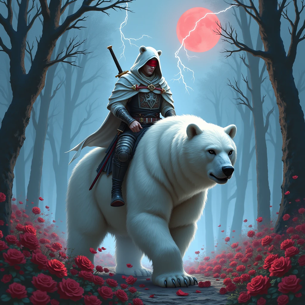 Godlike, in it a male knight with a white hood with bear ears and a katana at his back is riding a polar bear in a forest while the moon shines, many Roses cover the ground and lightning falls from the sky. The polar bear has black eyes and an aggressive appearance. Only the man wears a red blindfold. In the background of the picture is the blood moon.