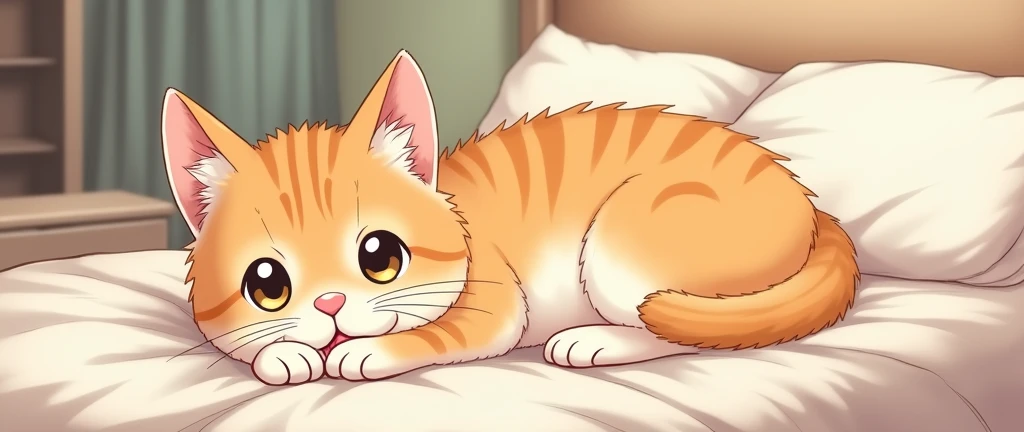 Anime ,masterpiece,best quality, Kawaii Cat licks its own hands on the bed, Studio Ghibli Inspired
