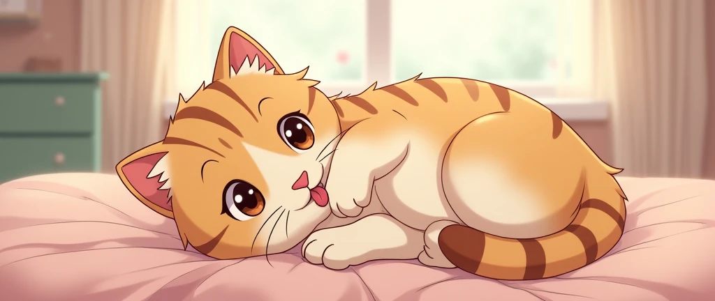 Anime ,masterpiece,best quality, Kawaii Cat licks its own hands on the bed, Studio Ghibli Inspired