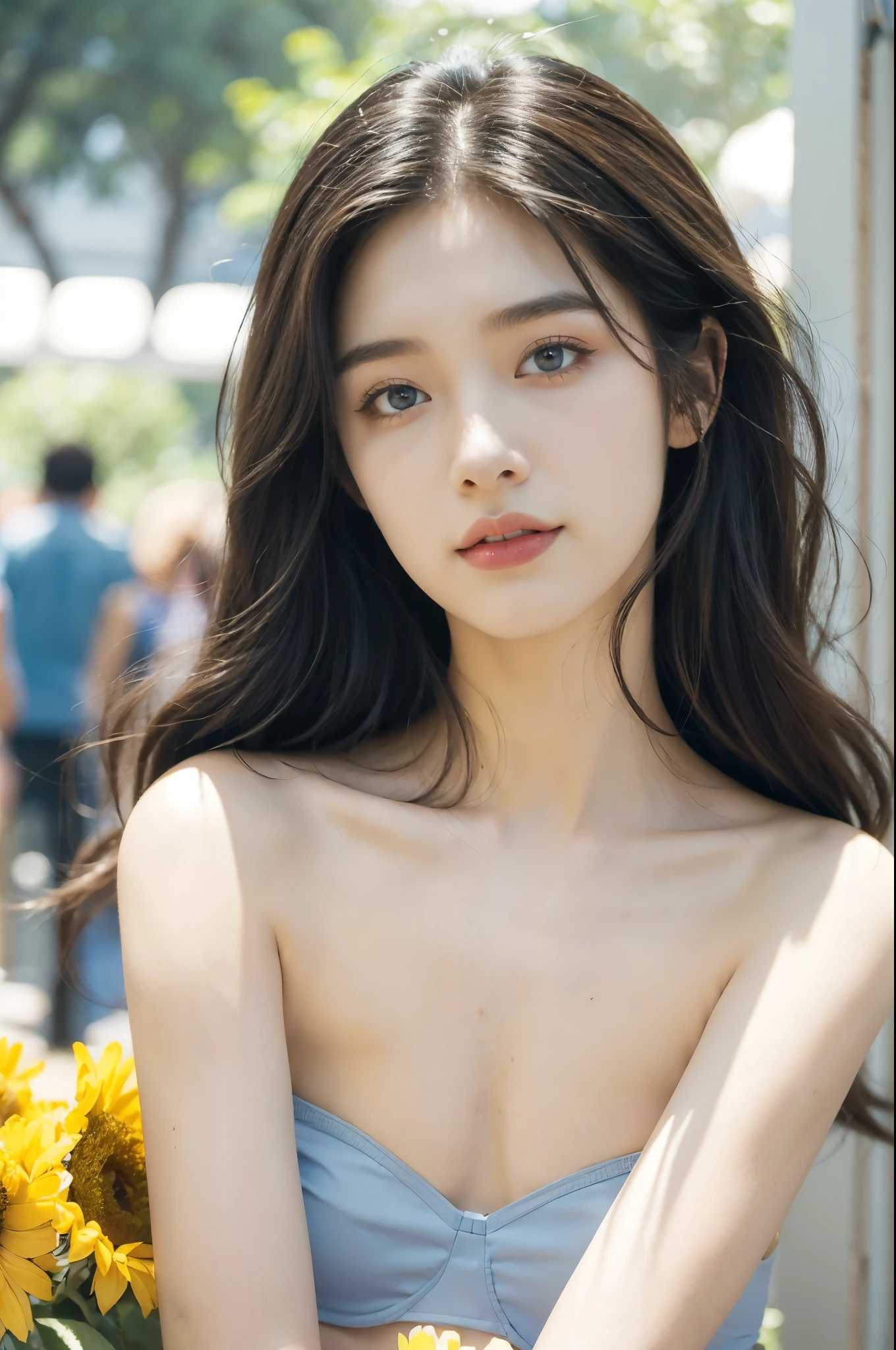 (((best quality))),(((ultra detailed))),(((masterpiece))),illustration,((1 beautiful girl,solo)),(shoulder length straight bob hair:1.2),((slim,thin,graceful)),((small breasts,flat chest)),(summer afternoon:1.3),(at the schoolgate:1.3),bustling,(strapless blue bra:1.5),(bright sunlight:1.2),radiant,breezy,casual style,youthful vitality,delicate features,young people,students,chatting,laughing,vibrant energy,serene tranquility,vibrant rays of sun,captivating atmosphere,(surrounded by crowded crowds:1.3),((from front,close-up of face))